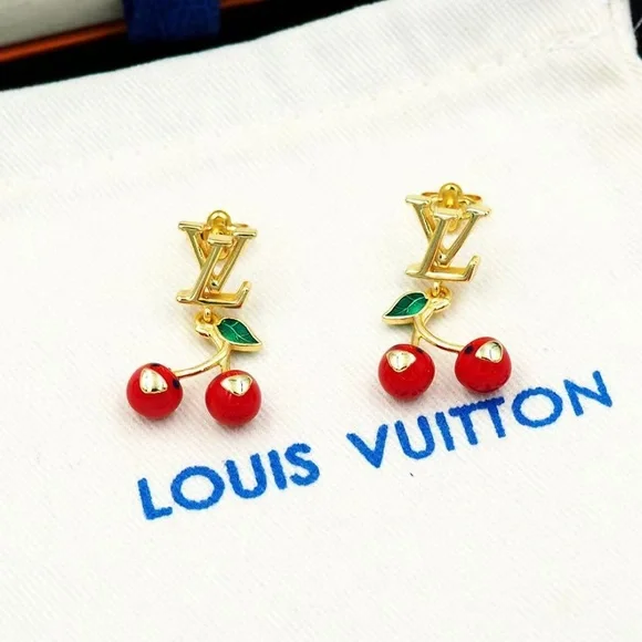 Louis Vuitton Gold Earrings with Red Cherries - Picture 6 of 9